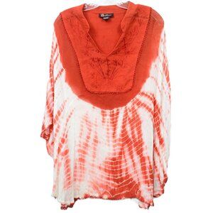 Flower Orange Tie-Dye Butterfly Embroidered Tunic Top Hippie Boho Funky
